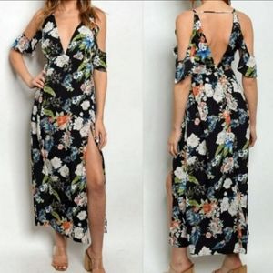 Cold Shoulder Slit side floral maxi dress.